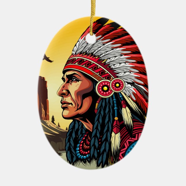 Indianischer Chef der wilden Landschaft Sunset Keramik Ornament (Vorne)