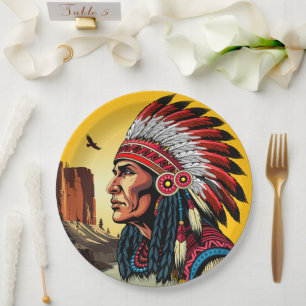 Indianischer Chef der wilden Landschaft Sunset Pappteller
