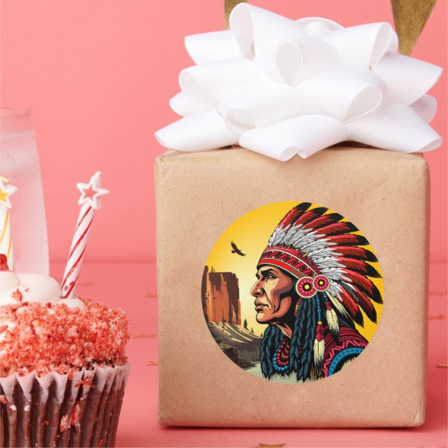 Indianischer Chef der wilden Landschaft Sunset Runder Aufkleber (Party)