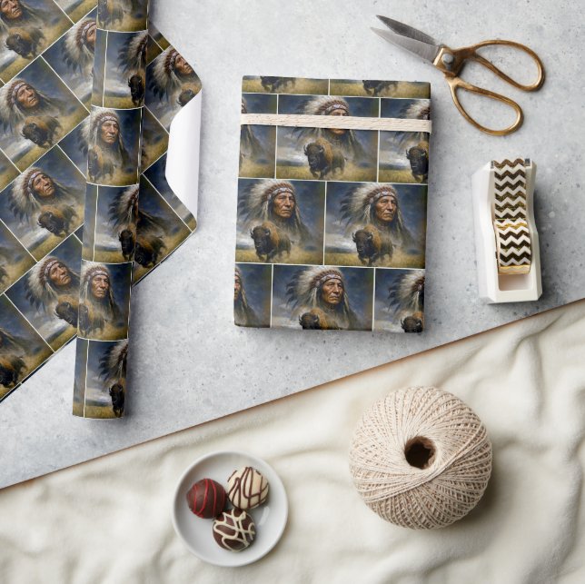 Indianischer Häuptling mit angreifendem Büffel Geschenkpapier (Kunsthandwerk)