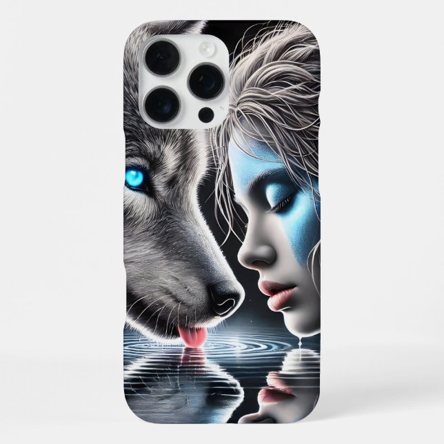 Indianischer Krieger und mondbeschienener Wolf iPhone Hülle (Rückseite)