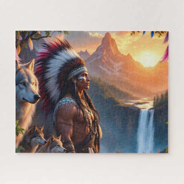 Indianischer Mann mit Wolf Puzzle (Horizontal)