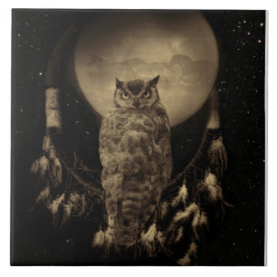 Indianischer Traumfänger mit Eule und Pferden Fliese