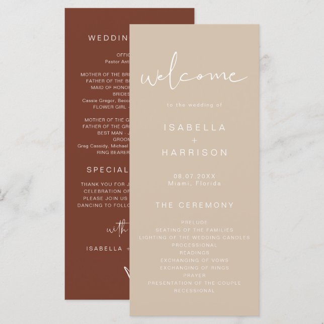 INDIE Bohemisch Earth Toned Beige Wedding Program Menükarte (Vorne/Hinten)