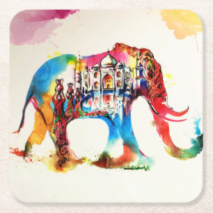 Indien-Elefant-Vintager Reise-LiebeWatercolor Rechteckiger Pappuntersetzer