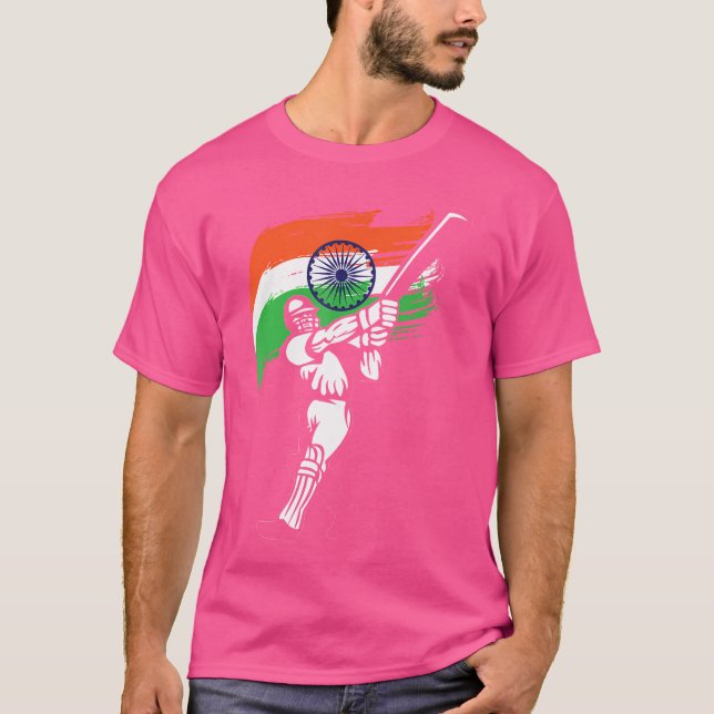 Indien Flag Batsman Cricket T-Shirt (Vorderseite)