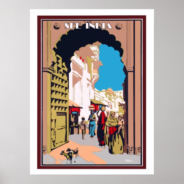 Indien, Leute auf der Stadtstraße, Vintage-Reise Poster (Vorne)