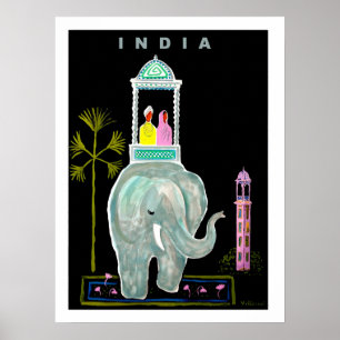 Indien, Paar auf blauem Elefanten reitend, Malerei Poster