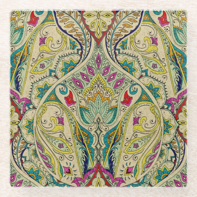 Indien paisley Muster, böhmische Grenze. Glasuntersetzer (Vorderseite)