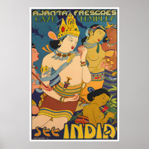 Indien Reiseplakat Ajanta-Höhlen Kunst Indischer D Poster
