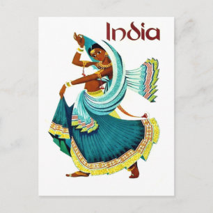 Indien, traditionelle tanzende Frau, Vintage-Reise Postkarte