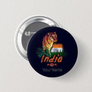 Indien Vintage Tiger Mit Flagge Retro Lotus Souven Button