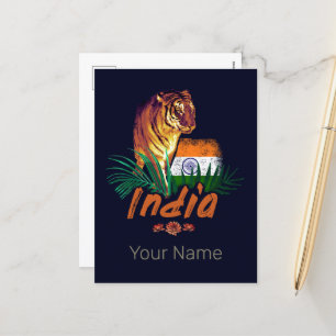 Indien Vintage-Tiger mit Flagge Retro-Lotus-Souven Feiertagspostkarte