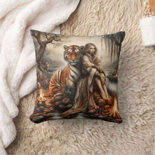 Indigene Frau mit Tiger in der Natur Kissen
