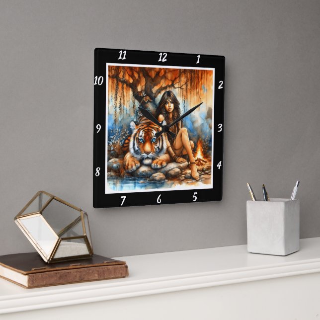 Indigene Wege: Tigerspuren von Willow Quadratische Wanduhr (Büro)