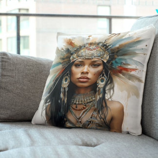 Indigenous-Inspired Watercolor Portrait Kissen