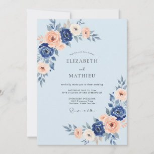 Indigo Aprikosen-Ranunculus-Eukalyptus-Hochzeit Einladung