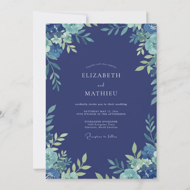 Indigo Aqua Blatt Hochzeit Einladung (Vorderseite)