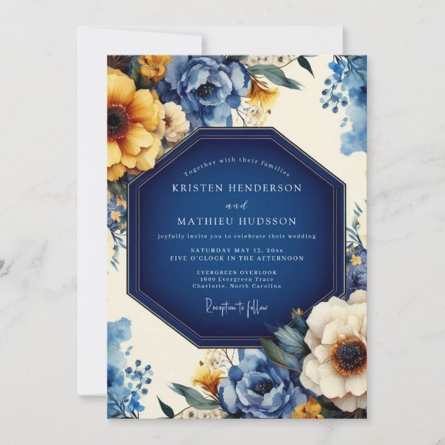 Indigo Artistic Bloom Wedding Einladung (Vorderseite)