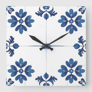 Indigo Azulejo Blau Portugiesisch Lissabon Dekorat Quadratische Wanduhr