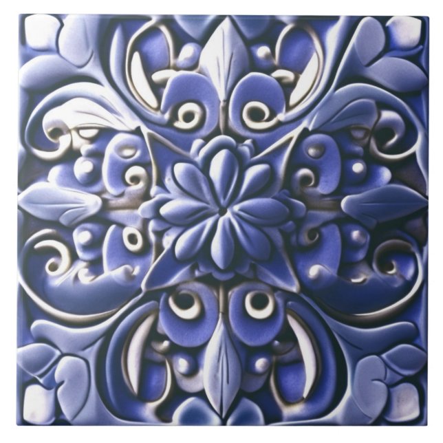 Indigo Azulejo Blue Imitats Relief Botanische Blum Fliese (Vorderseite)