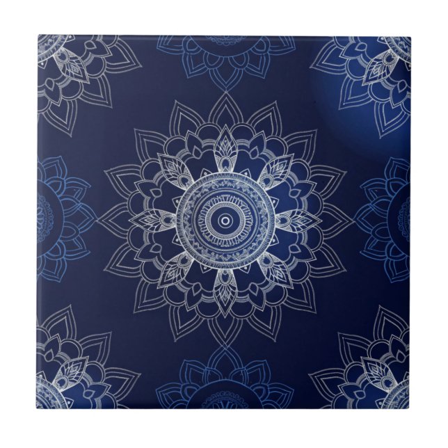 Indigo Azulejo Blue Portugia Mandala Decorative Fliese (Vorderseite)