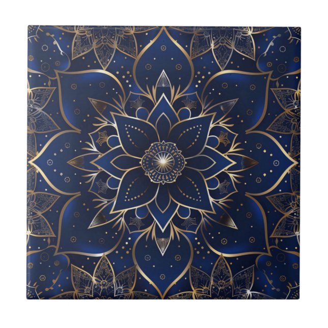 Indigo Azulejo Blue Portugia Mandala Decorative Fliese (Vorderseite)