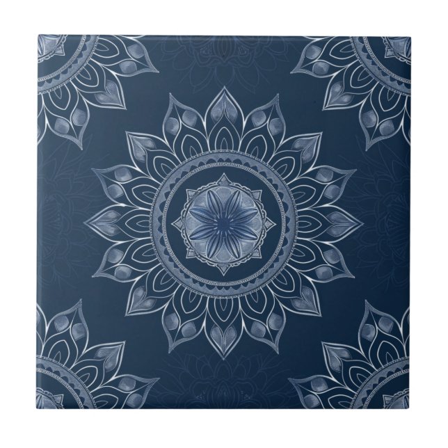 Indigo Azulejo Blue Portugia Mandala Decorative Fliese (Vorderseite)