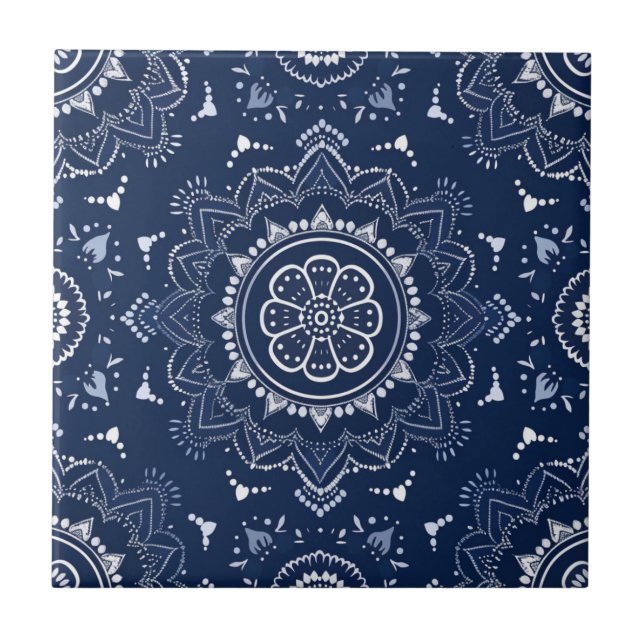 Indigo Azulejo Blue Portugia Mandala Decorative Fliese (Vorderseite)