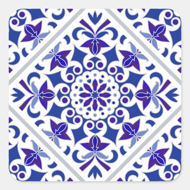 Indigo Azulejos Portugiesisch Blaue und weiße Flie Quadratischer Aufkleber (Vorderseite)