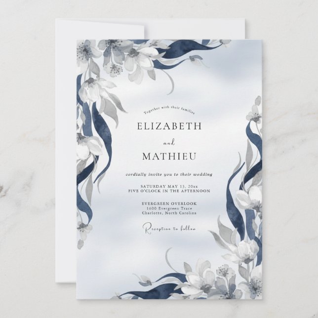 Indigo bemalte Hochzeit mit Blatt Einladung (Vorderseite)