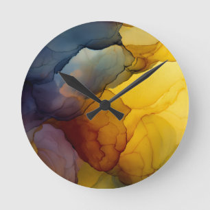 Indigo Bernstein Alkohol-Tinte-Fluss Abstract Runde Wanduhr