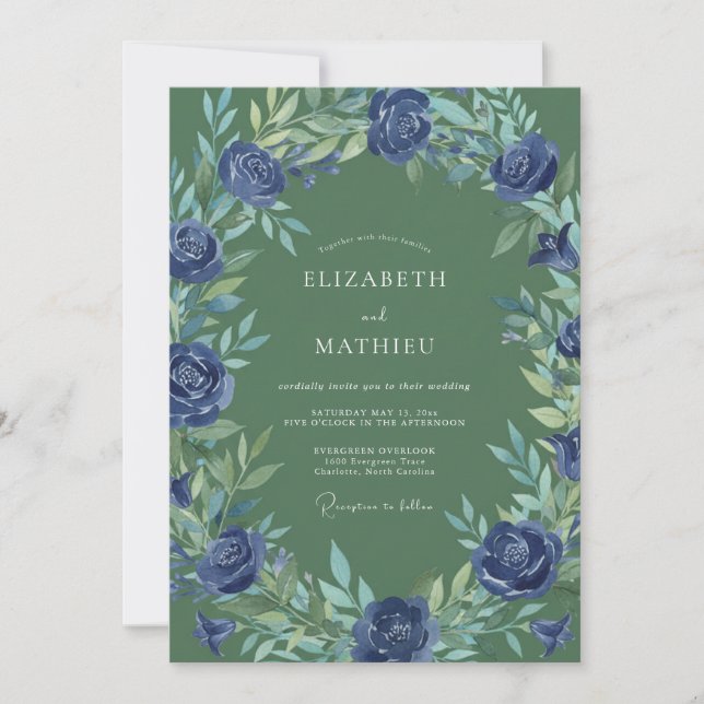 Indigo Blatt Olive Hochzeit Einladung (Vorderseite)
