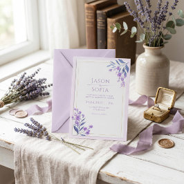 Indigo-Blatt-Wasserfarbe-Lavendel-Goldrahmen-Hochz Einladung