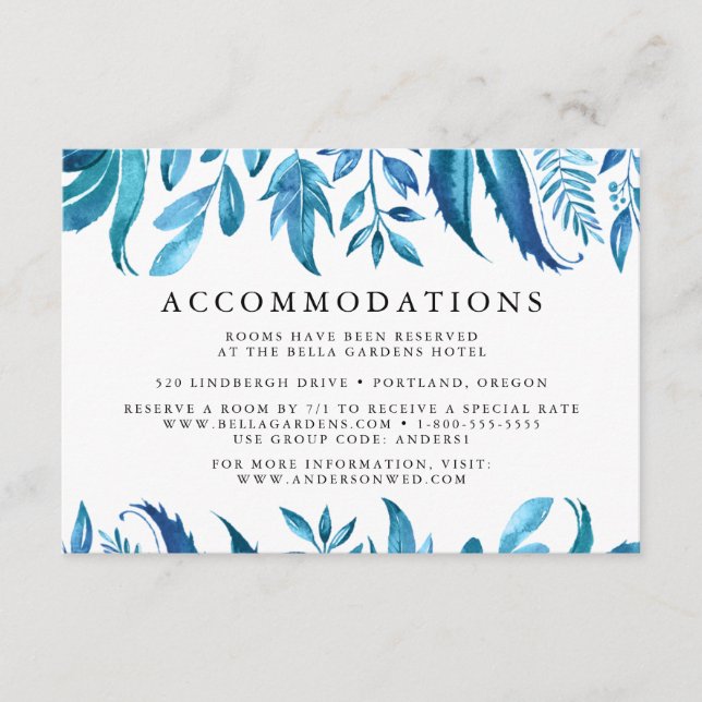 Indigo-Blätter | Hotel Wedding Unterkunft Begleitkarte (Vorderseite)