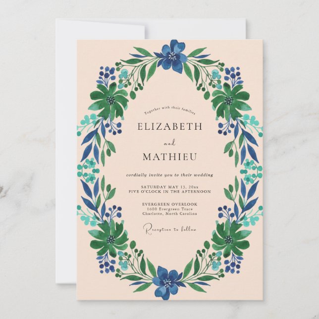 Indigo-Blattkranz-Hochzeit Einladung (Vorderseite)