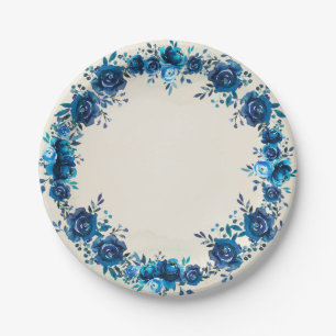Indigo Blau & Beige Aquarell Antike Blumen Pappteller