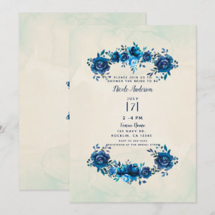 Indigo Blau Beige Aquarell Blumen Brautparty Einladung