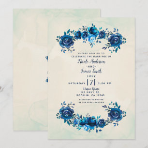 Indigo Blau & Beige Aquarell Blumen Hochzeit Einladung