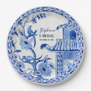 Indigo-Blau-Chinoiserie Vintage-Blumen-Aquarell Pappteller