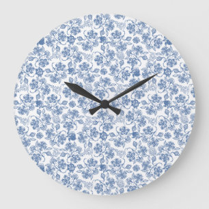 Indigo Blau Ethnischer Blumenprint Rund Wanduhr