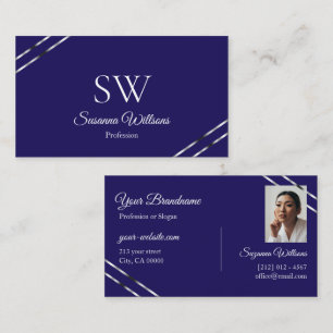 Indigo Blau mit silbernen Linien Monogramm und Fot Visitenkarte