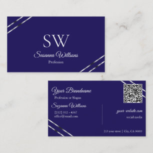 Indigo Blau mit silbernen Linien Monogramm und QR- Visitenkarte