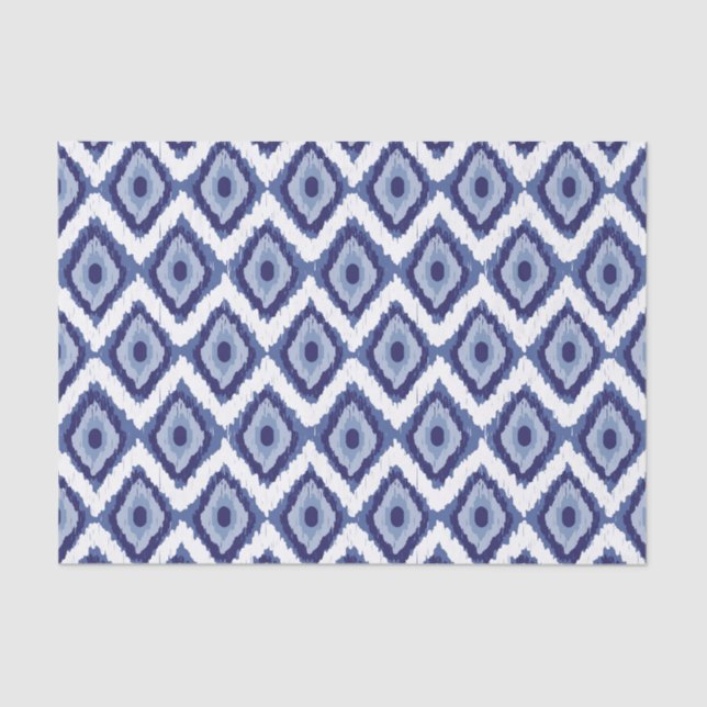 Indigo-Blau Stammes- Ikat Diamant-weißes Zickzack Seidenpapier (Vorderseite)