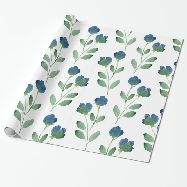 Indigo Blau- und Grünfarben-Blumenmuster Geschenkpapier (Ungerollt)