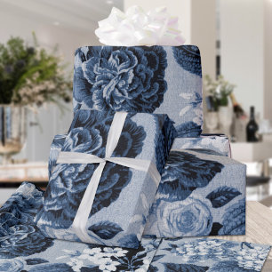 Indigo Blau Vintage Blumen Toile Matt Finish Geschenkpapier
