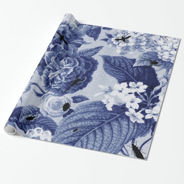 Indigo-Blau Vintages botanisches BlumenToile u. Geschenkpapier (Ungerollt)