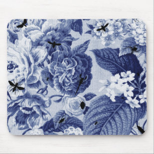 Indigo-Blau Vintages botanisches BlumenToile u. Mousepad