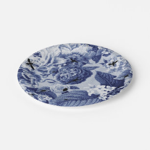 Indigo-Blau-Vintages botanisches u. Wanzen Pappteller