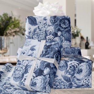 Indigo Blau & Weiß Vintage Floral Toile Nr. 3 Geschenkpapier